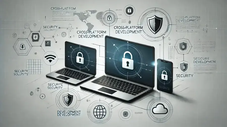 A simplified illustration showing cross-platform development with a focus on security solutions